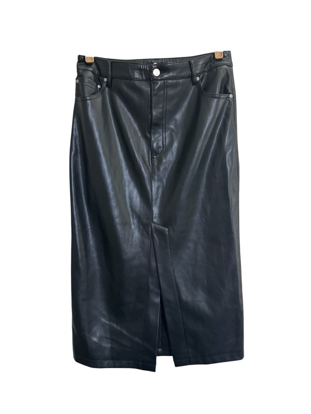 7 For All Mankind Midi Skirt Faux Leather Black Front Slit Size Small #7282